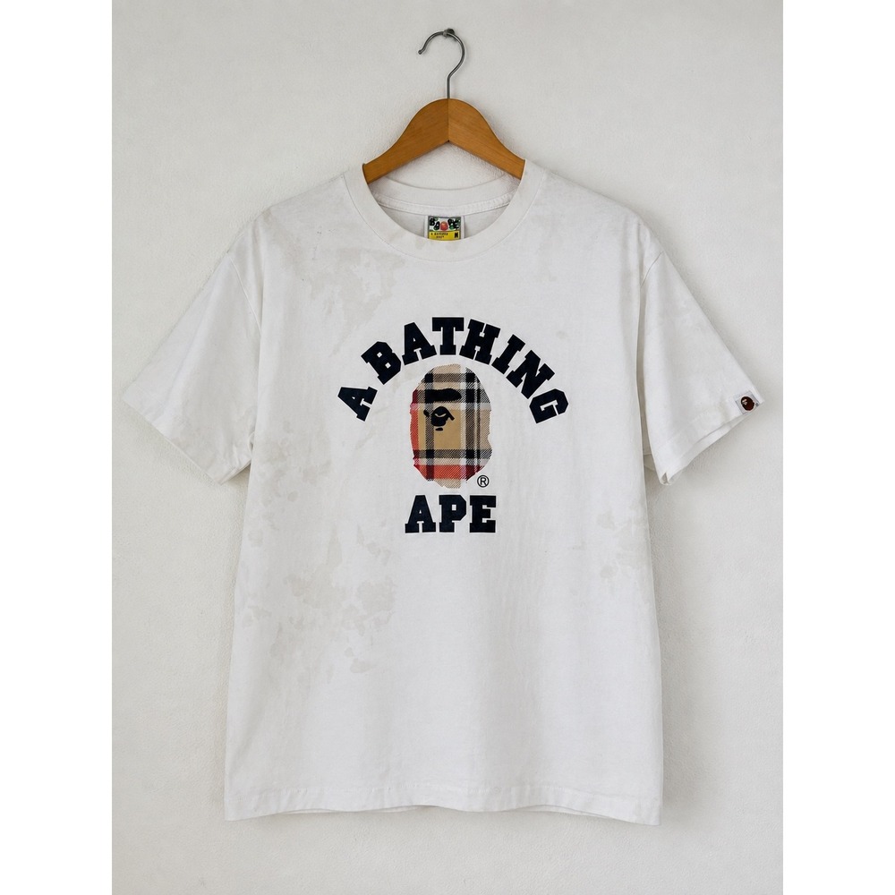 A BATHING APE BAPE Check Plaid White College Tee *Flawed*